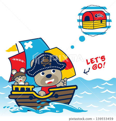 vector cartoon of funny bear and mice in pirate costume on sailboat with treasure chest vector cartoon of funny bear and mice in pirate costume on sailboat with treasure chest 139553459