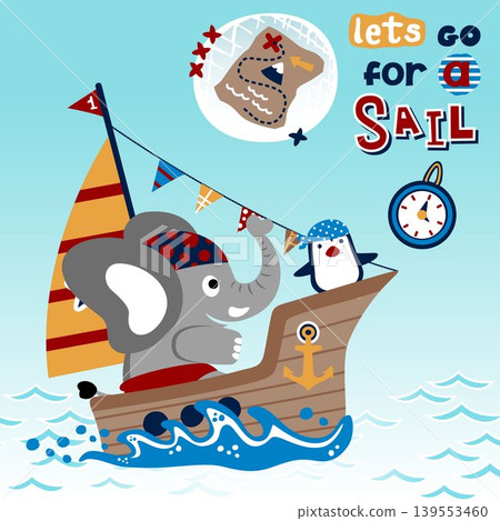 Funny elephant with penguin in pirate costume on sailboat, pirate elements, vector cartoon illustration Funny elephant with penguin in pirate costume on sailboat, pirate elements, vector cartoon illustration 139553460
