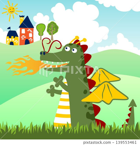 vector cartoon illustration of funny dragon with small castle 139553461