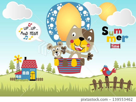 Funny cat with mice flying on hot air balloon, rural scenery background, vector cartoon illustration 139553462