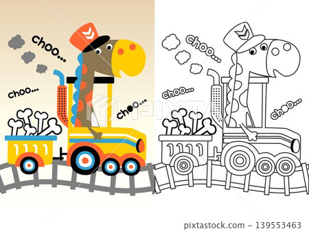 Cute dinosaur on steam train loading bones, vector cartoon, coloring book or page Cute dinosaur on steam train loading bones, vector cartoon, coloring book or page 139553463