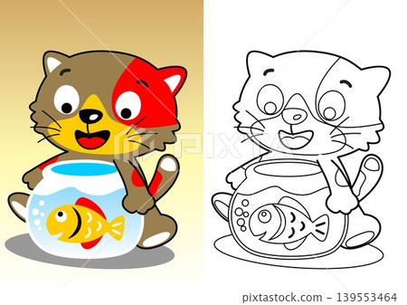 little cat with a fish in a jar, vector cartoon, coloring book or page little cat with a fish in a jar, vector cartoon, coloring book or page 139553464