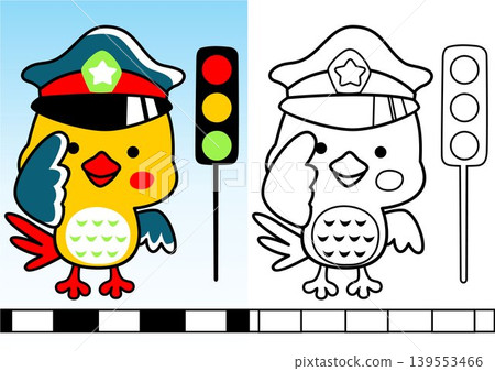 Cute bird traffic cop with stoplight, vector cartoon illustration, coloring book or page Cute bird traffic cop with stoplight, vector cartoon illustration, coloring book or page 139553466