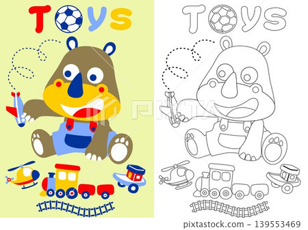 little rhino with it toys, vector cartoon illustration, coloring book or page little rhino with it toys, vector cartoon illustration, coloring book or page 139553469