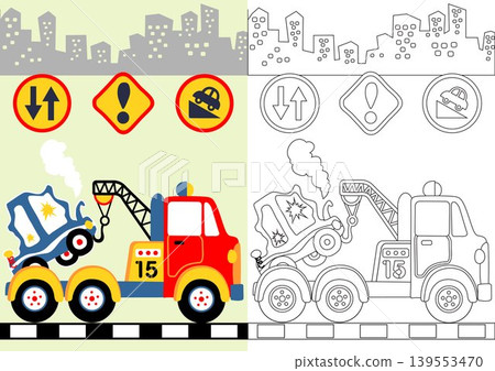 Tow truck towing wreck car, road sign on buildings background, vector cartoon illustration, coloring book or page Tow truck towing wreck car, road sign on buildings background, vector cartoon illustration, coloring book or page 139553470
