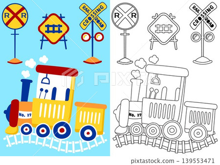 Steam train with railroad signs, vector cartoon illustration, coloring book or page Steam train with railroad signs, vector cartoon illustration, coloring book or page 139553471