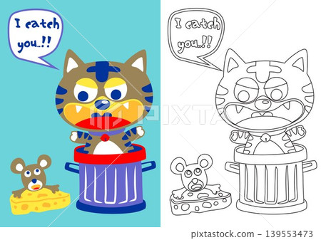 little cat in trash can try to catch a mice, vector cartoon, coloring book or page little cat in trash can try to catch a mice, vector cartoon, coloring book or page 139553473