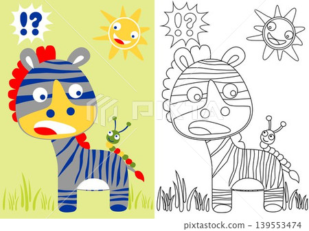 Zebra are afraid of caterpillar, vector cartoon illustration, coloring book or page 139553474
