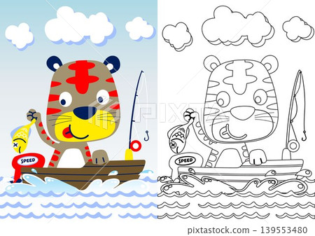 Cute cat fishing on boat, vector cartoon illustration, coloring book or page Cute cat fishing on boat, vector cartoon illustration, coloring book or page 139553480