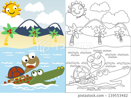 Cute turtle ride on crocodile in the beach, coloring book or page, vector cartoon illustration Cute turtle ride on crocodile in the beach, coloring book or page, vector cartoon illustration 139553482