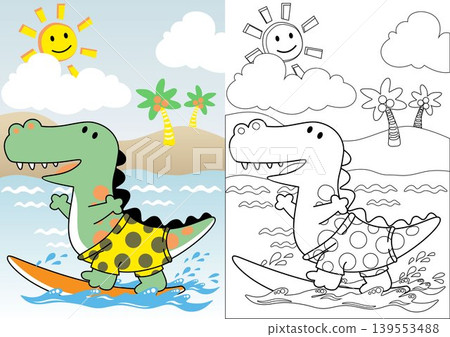 Cute dinosaur surfing in the beach at summer holiday, coloring book or page, vector cartoon Cute dinosaur surfing in the beach at summer holiday, coloring book or page, vector cartoon 139553488