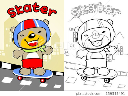 Cute bear playing skateboard on buildings background, vector cartoon, coloring book or page Cute bear playing skateboard on buildings background, vector cartoon, coloring book or page 139553491