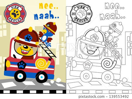 Cute bear with little bird on firetruck on buildings background, vector cartoon, coloring book or page Cute bear with little bird on firetruck on buildings background, vector cartoon, coloring book or page 139553492