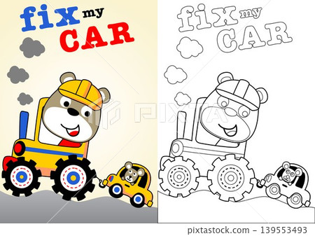 Cute bear driving tractor pulling mice on car, vector cartoon illustration, coloring book or page Cute bear driving tractor pulling mice on car, vector cartoon illustration, coloring book or page 139553493