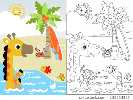 Cute giraffe with marine animals in the beach, vector cartoon, coloring book or page Cute giraffe with marine animals in the beach, vector cartoon, coloring book or page 139553495