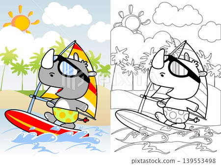 Funny rhinoceros playing windsurfing in the beach at summer, vector cartoon, coloring book or page Funny rhinoceros playing windsurfing in the beach at summer, vector cartoon, coloring book or page 139553498