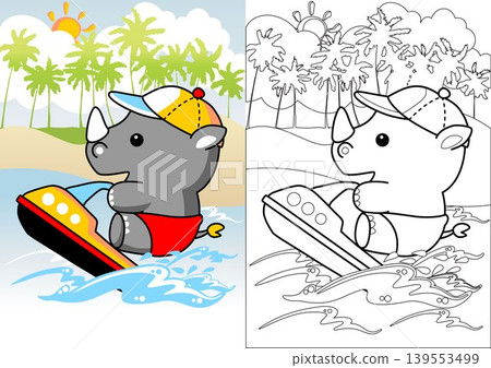 Cute rhino playing jet ski in the beach, vector cartoon, coloring book or page 139553499