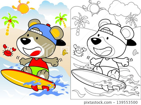 surfing time with little bear, vector cartoon, coloring book or page 139553500