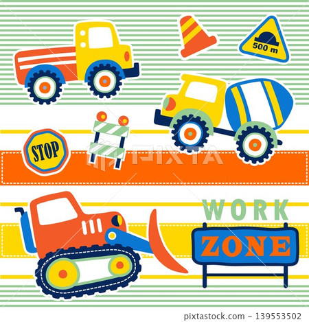 Construction vehicles with construction elements on colorful striped, vector cartoon illustration Construction vehicles with construction elements on colorful striped, vector cartoon illustration 139553502