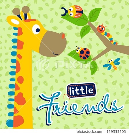 Funny giraffe with bugs on tree branches, cute animals on leaf pattern, vector cartoon illustration Funny giraffe with bugs on tree branches, cute animals on leaf pattern, vector cartoon illustration 139553503