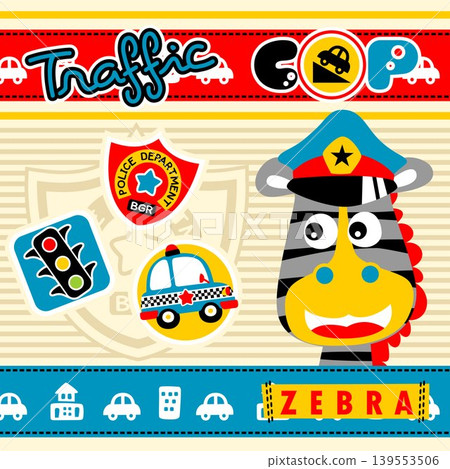 Cute zebra the animal cop with traffic elements on striped background, vector cartoon illustration Cute zebra the animal cop with traffic elements on striped background, vector cartoon illustration 139553506