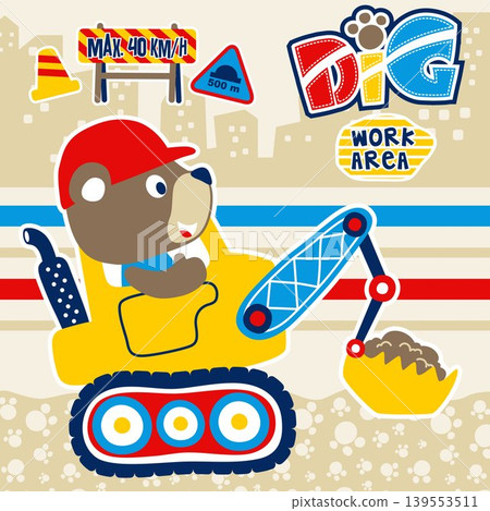 cute bear driving construction vehicle with construction elements on buildings background, vector cartoon illustration 139553511