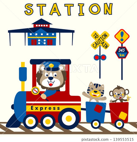 Funny animals on steam train with train elements, vector cartoon illustration Funny animals on steam train with train elements, vector cartoon illustration 139553515