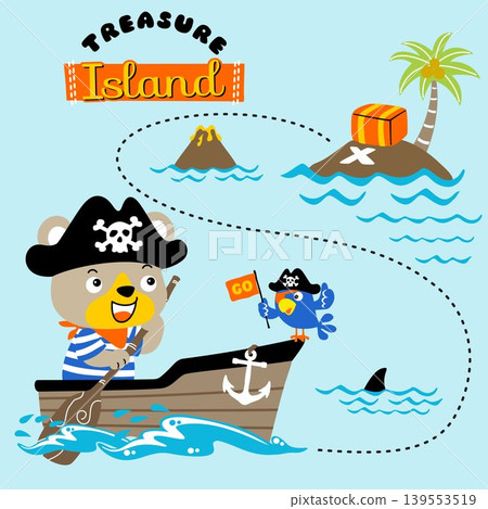 Funny bear in pirate costume with parrot on rowboat, pirate sailing elements, vector cartoon illustration Funny bear in pirate costume with parrot on rowboat, pirate sailing elements, vector cartoon illustration 139553519