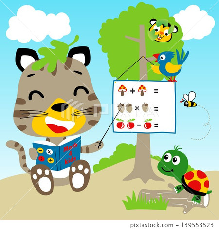 learn to count in the forest with funny animals cartoon, vector cartoon illustration learn to count in the forest with funny animals cartoon, vector cartoon illustration 139553523