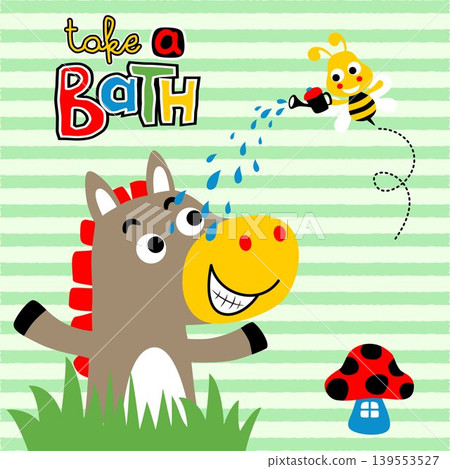 Funny horse with bee holding watering can on striped background, vector cartoon illustration Funny horse with bee holding watering can on striped background, vector cartoon illustration 139553527