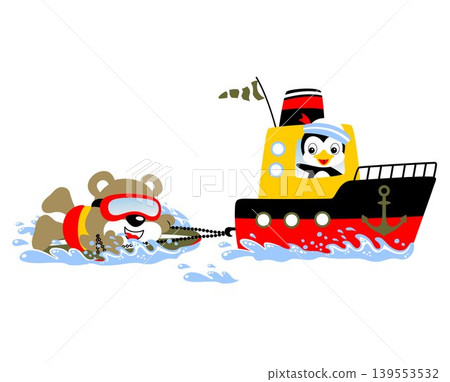 Vector cartoon of cute penguin on boat pulling bear with surfboard in the sea Vector cartoon of cute penguin on boat pulling bear with surfboard in the sea 139553532