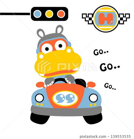 Cute hippopotamus on racing car with racing element, vector cartoon illustration Cute hippopotamus on racing car with racing element, vector cartoon illustration 139553535