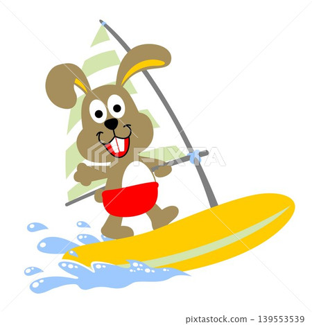 Cute rabbit playing windsurf, vector cartoon illustration 139553539