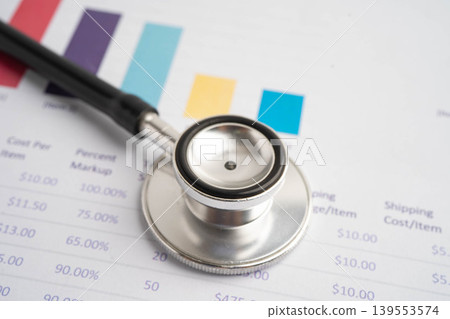 Stethoscope on finance business chart paper. Stethoscope on finance business chart paper. 139553574
