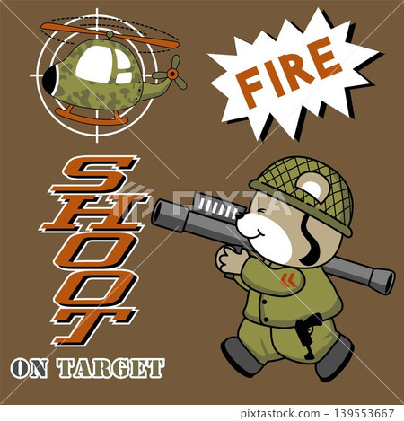 Funny bear soldier shoot a military helicopter with bazooka, vector cartoon illustration 139553667