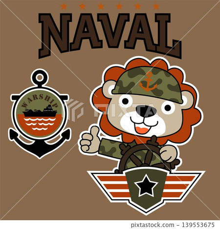 Cute lion in army uniform holding steering wheel with naval elements, vector cartoon illustration Cute lion in army uniform holding steering wheel with naval elements, vector cartoon illustration 139553675