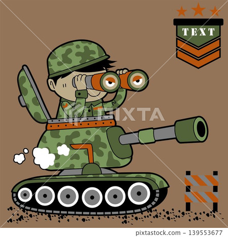A soldier monitors with binoculars from an armored vehicle, vector cartoon illustration 139553677
