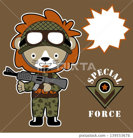 Funny lion in soldier uniform with rifle, military element, vector cartoon illustration 139553678