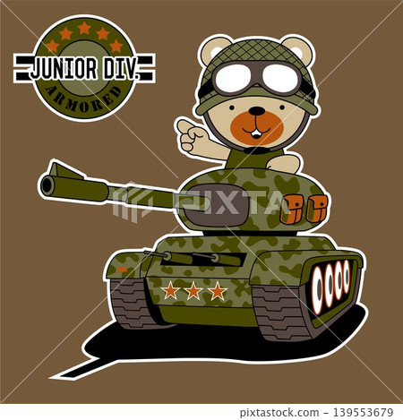 Funny bear soldier cartoon driving armored vehicle, vector illustration Funny bear soldier cartoon driving armored vehicle, vector illustration 139553679