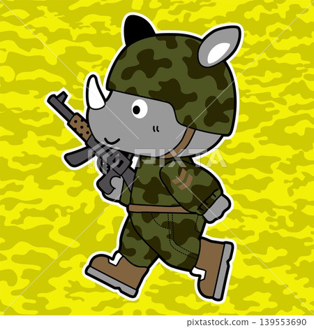 Cute rhinoceros in soldier uniform with rifle on camouflage background, vector cartoon illustration Cute rhinoceros in soldier uniform with rifle on camouflage background, vector cartoon illustration 139553690