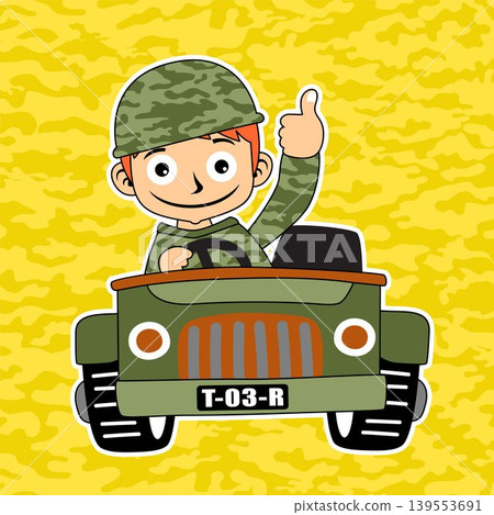 Funny soldier driving military car on camouflage background, vector cartoon illustration Funny soldier driving military car on camouflage background, vector cartoon illustration 139553691