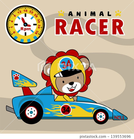 Cute lion wearing racing helmet driving racing car, vector cartoon illustration Cute lion wearing racing helmet driving racing car, vector cartoon illustration 139553696