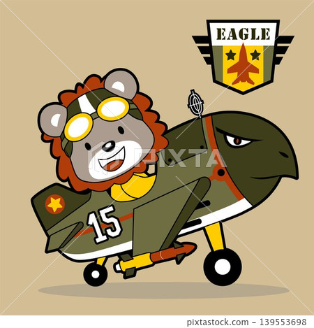 Cute lion on fighter jet with air force logo, vector cartoon illustration Cute lion on fighter jet with air force logo, vector cartoon illustration 139553698