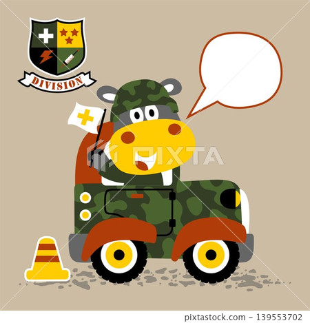 Cute hippo in soldier uniform driving military car, vector cartoon illustration Cute hippo in soldier uniform driving military car, vector cartoon illustration 139553702