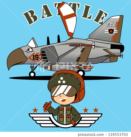 young pilot cartoon with fighter jet, vector cartoon illustration young pilot cartoon with fighter jet, vector cartoon illustration 139553703