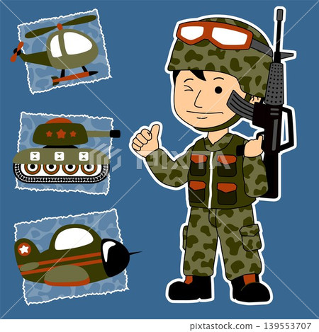 young soldier holding rifle with military vehicles, vector cartoon illustration young soldier holding rifle with military vehicles, vector cartoon illustration 139553707