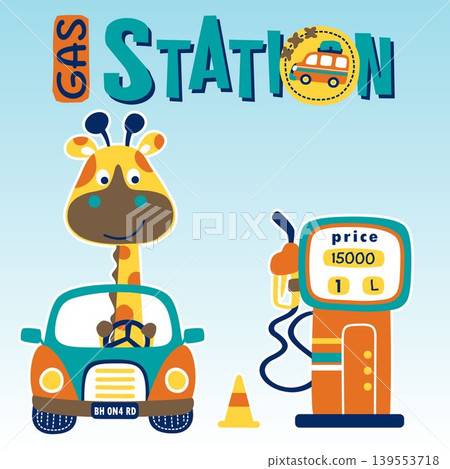 Funny giraffe on car with gas station, vector cartoon illustration Funny giraffe on car with gas station, vector cartoon illustration 139553718