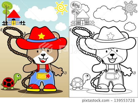 Cute bear in cowboy costume playing lasso with little turtle, vector cartoon illustration, coloring book or page Cute bear in cowboy costume playing lasso with little turtle, vector cartoon illustration, coloring book or page 139553728