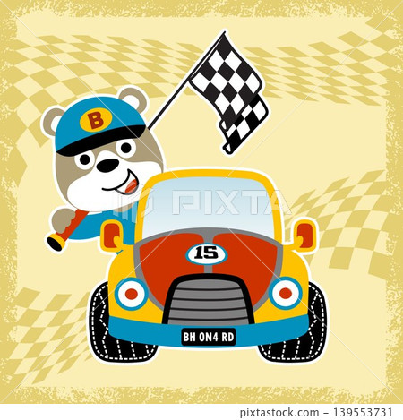 Cute bear on race car with finish flag, vector cartoon illustration Cute bear on race car with finish flag, vector cartoon illustration 139553731