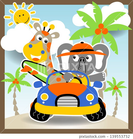 Funny giraffe and elephant on car in summer beach holiday, vector cartoon illustration Funny giraffe and elephant on car in summer beach holiday, vector cartoon illustration 139553732